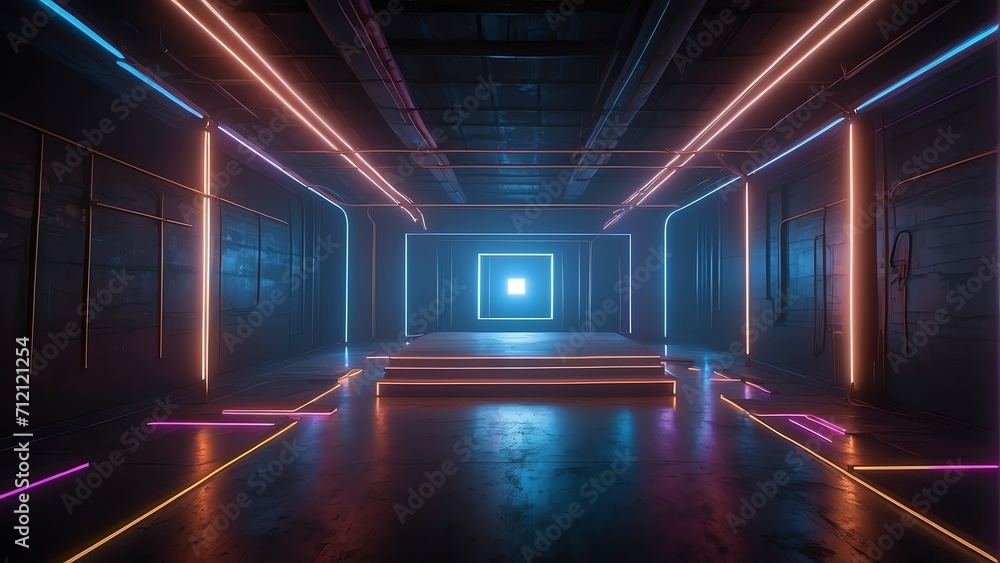 Cyber club neon light stage room with a square tunnel and colorful neon glowing lights, laser lines, and LED lighting from Generative AI