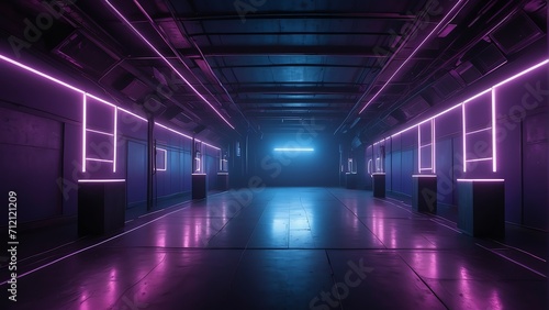 Cyber club neon light stage room with a square tunnel and violet neon glowing lights, laser lines, and LED lighting from Generative AI