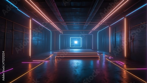 Cyber club neon light stage room with a square tunnel and colorful neon glowing lights, laser lines, and LED lighting from Generative AI
