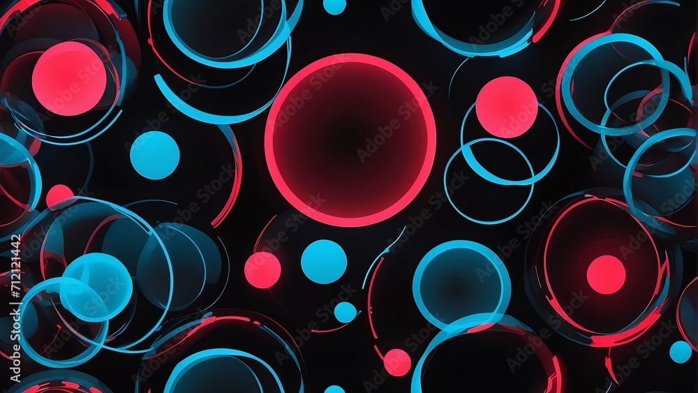 Abstract seamless pattern of neon red and blue circles on plain black background from Generative AI