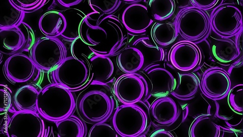 Abstract seamless pattern of neon purple circles on plain black background from Generative AI