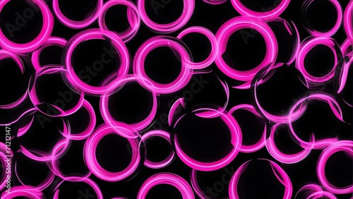 Abstract seamless pattern of neon pink circles on plain black background from Generative AI