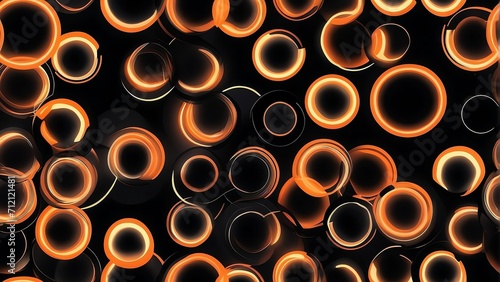 Abstract seamless pattern of neon orange circles on plain black background from Generative AI