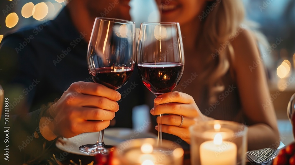 Savoring Love. A Couple Engaging in a Romantic Dinner, Toasting with Cups of Red Wine, Creating a Beautiful Moment of Intimacy and Connection.