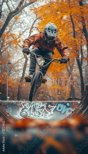 Cinematic Photoshoot Capturing the Exhilarating Aerial Feat of a Young Rider in Graffiti-Inspired Sportswear, Against a Vivid Urban Park Backdrop. Advertising.