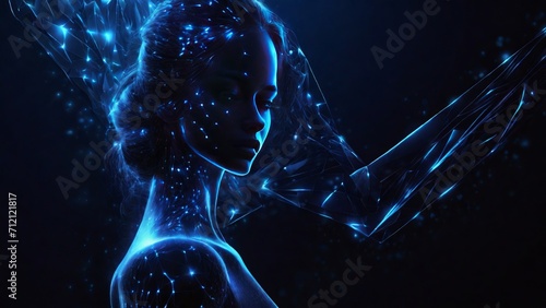 Futuristic polygonal 3d face intelligence of woman made of glowing linear polygons in dark blue color. Abstract illustration for online business, it, network, support, services app concept.