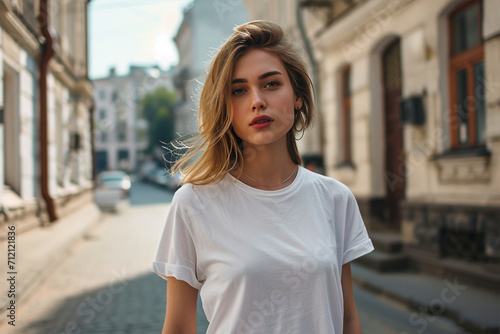 White t-shirt mockup wearing by a female model - Round neck t-shirt mockup