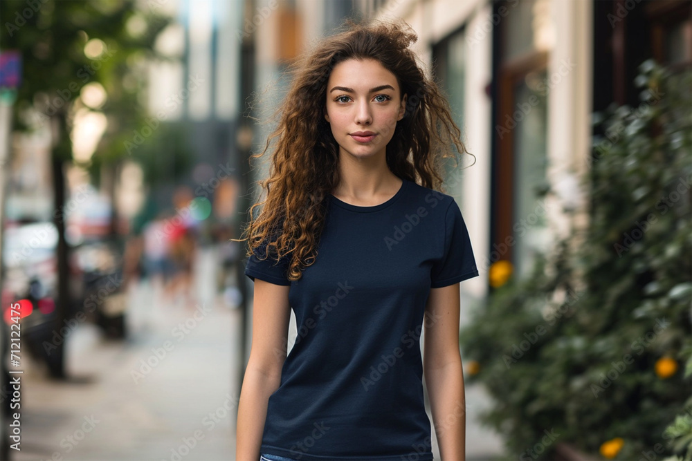 Navy-blue  t-shirt mockup wearing by a female model - Round neck t-shirt mockup