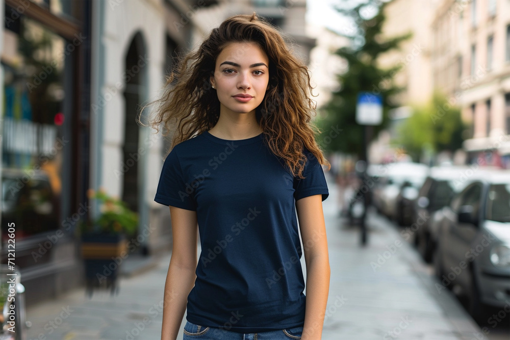 Navy-blue  t-shirt mockup wearing by a female model - Round neck t-shirt mockup
