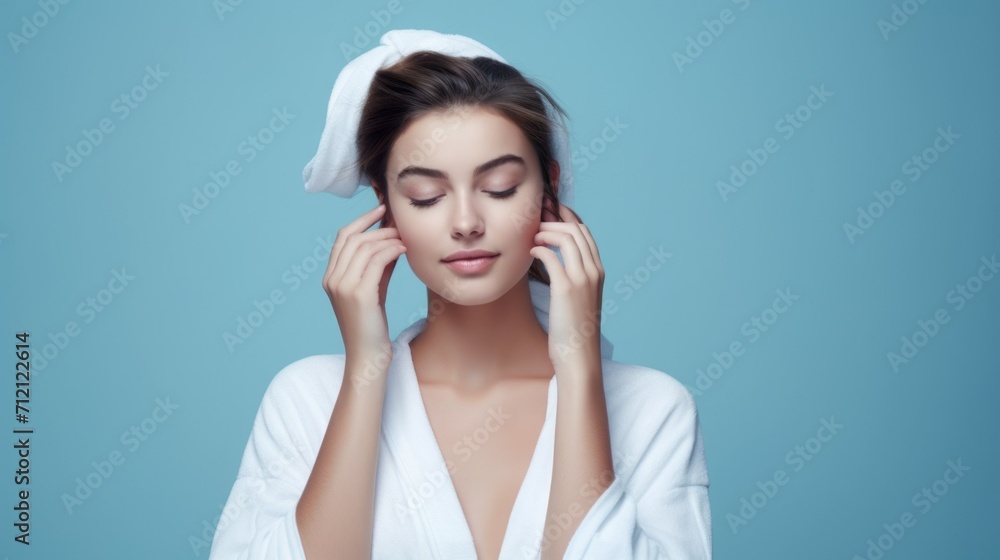 A spa woman touches her smooth skin with her eyes closed on a blue background with a copy of spies. Skin care, COSMETICS and makeup concepts.