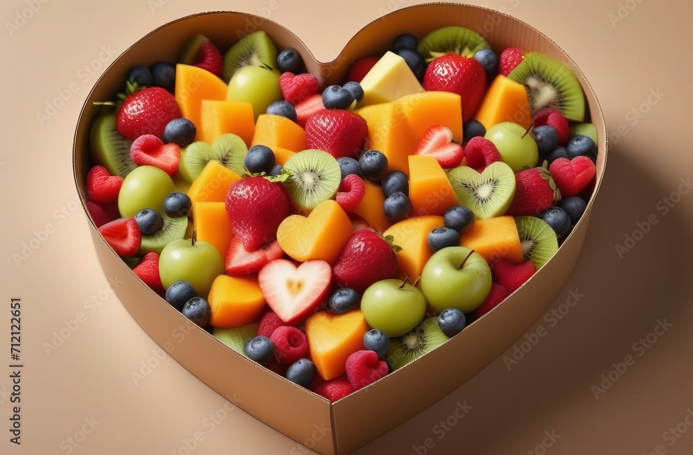 Fruit salad in the shape of a heart in eco-friendly packaging. Love. Relationship. Healthy food. Ecology