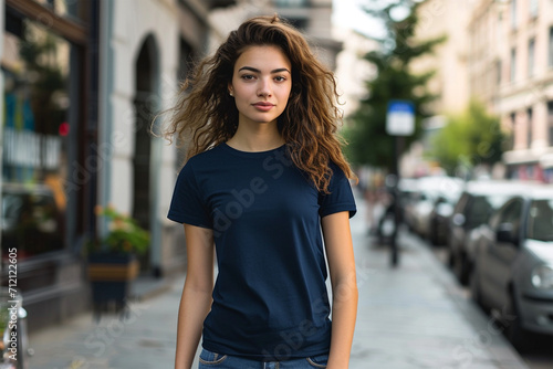 Navy-blue t-shirt mockup wearing by a female model - Round neck t-shirt mockup