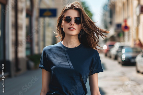 Navy-blue t-shirt mockup wearing by a female model - Round neck t-shirt mockup