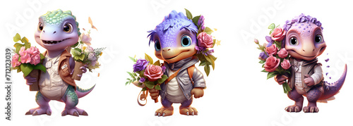 adorable dinosaur in the clothes with a bouquet 
