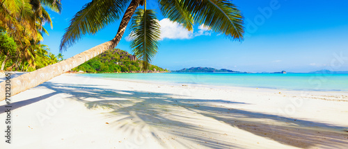 Vacation summer holidays background wallpaper - sunny tropical Caribbean paradise beach with white sand in Seychelles Praslin island Thailand style with palms