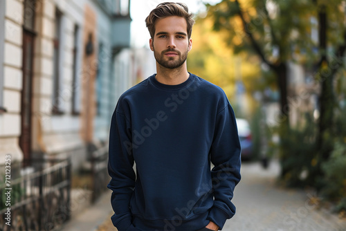 Navy-blue sweatshirt mockup wearing by a male model - Round neck sweatshirt mockup photo