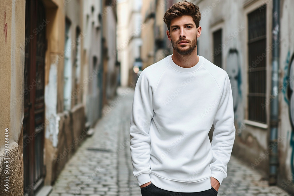 Obraz premium White sweatshirt mockup wearing by a male model - Round neck sweatshirt mockup