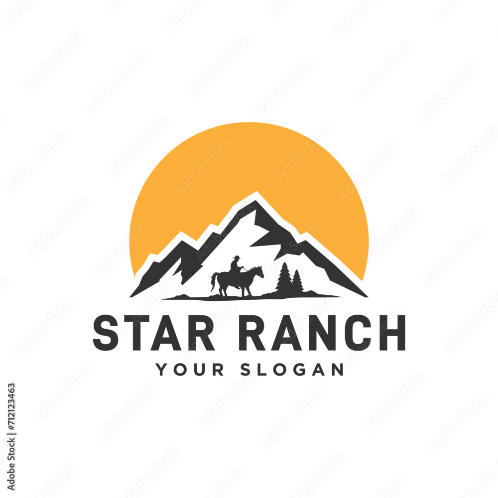 Simple mountain logo with horse riding, on white background, vector eps 10