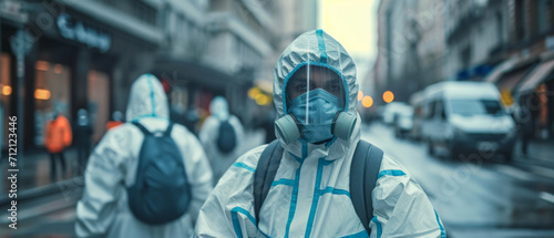 Man wearing bio hazard suits in on city streets due to pollution and contamination, working with team,generative ai