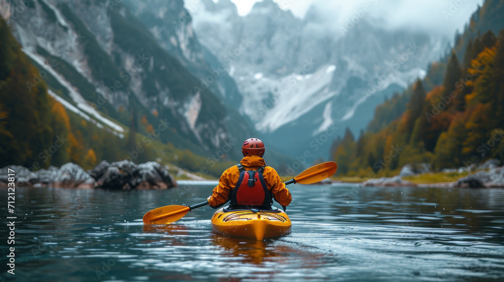 kayaker with whitewater kayaking, down a white water rapid river in the mountains, beautiful landscape background,henerative ai - obrazy, fototapety, plakaty 