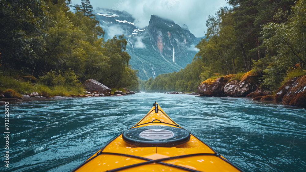 kayaker with whitewater kayaking, down a white water rapid river in the mountains, beautiful landscape background,henerative ai - obrazy, fototapety, plakaty 