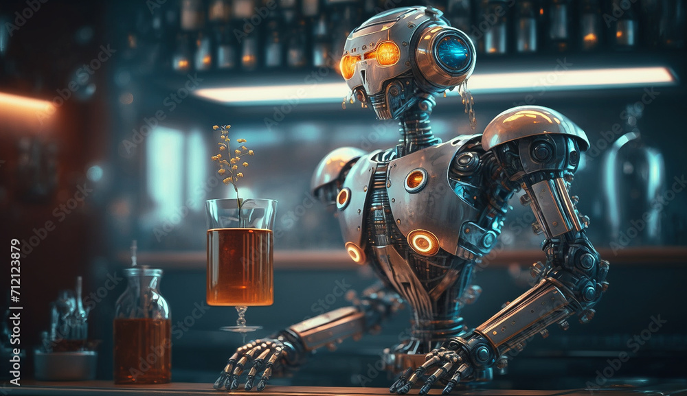 Futuristic robot bartender - obrazy, fototapety, plakaty 