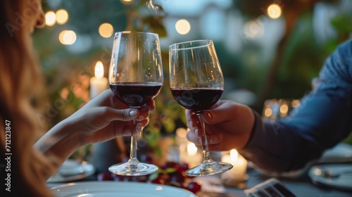 Savoring Love. A Couple Engaging in a Romantic Dinner, Toasting with Cups of Red Wine, Creating a Beautiful Moment of Intimacy and Connection.