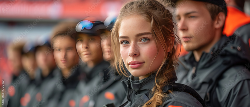 Security group with team security background. Security focus in football stadium, generative ai Security group with team security background. Security focus in football stadium, generative ai