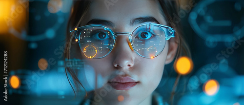 Portrait woman wearing high technology glasses with Data line icon on eyeglasses on woman's face, generative ai