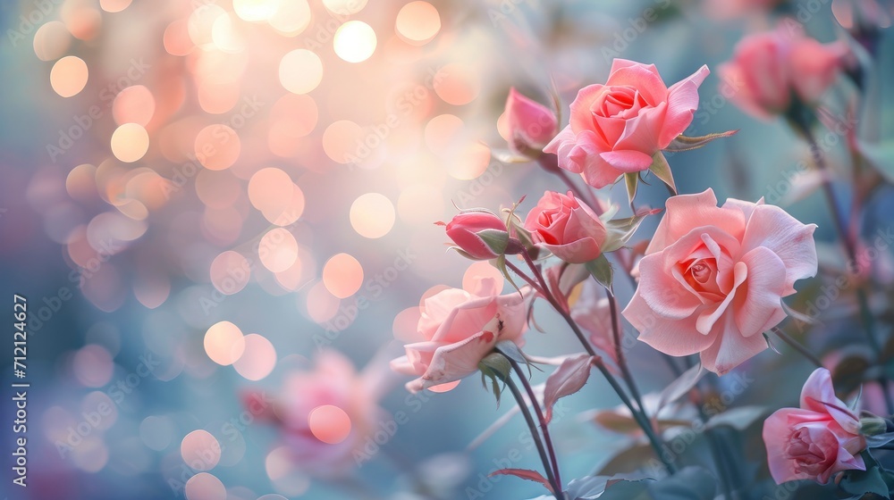 A Photo Capturing Cute Roses and Spring Flowers in a Playful Flight, Against a Pastel Bokeh Background, Conjuring a Symphony of Springtime Delight