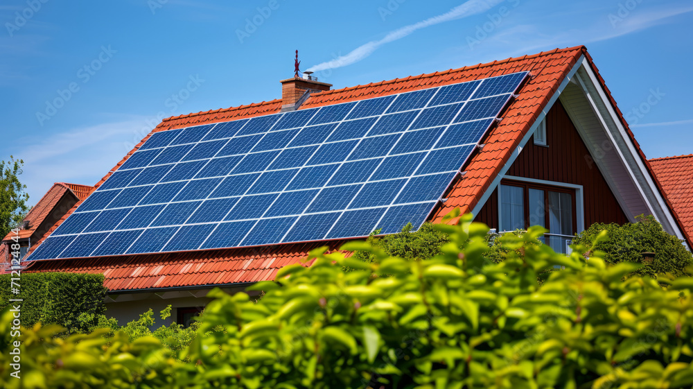 Fototapeta premium Solar panels on roof top of house , beautiful blue sky background,generative ai