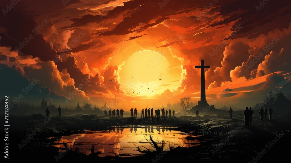 Silhouettes of people standing with cross against sunset. Silhouettes of people standing with cross against sunset.