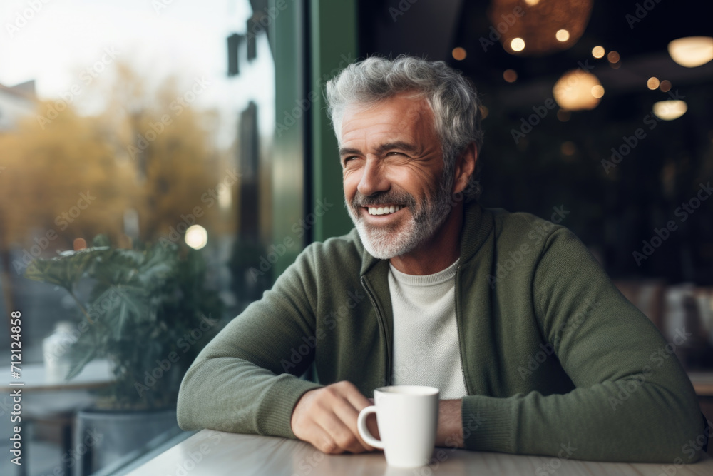 Smiling Senior Man Enjoying Coffee. Cozy Autumn Cafe Ambiance. Smiling Senior Man Enjoying Coffee. Cozy Autumn Cafe Ambiance.