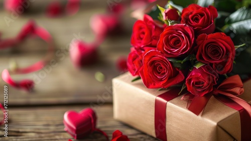 Valentines concept with bouquet of roses and wrapped gift box on wooden table