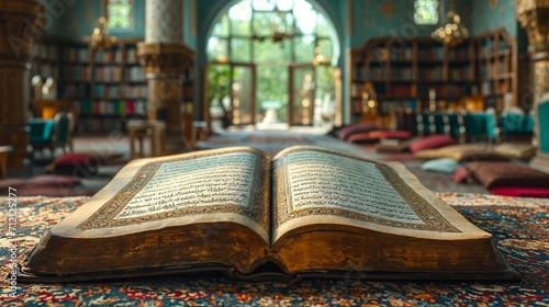 Old quran book open in a mosque, closeup view photo