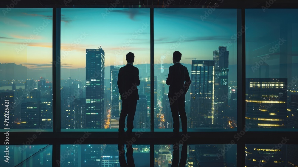 Back view silhouettes of two business partners looking thoughtfully out of a office window in situation of bankruptcy,team of businesspeople in fear or risk watching cityscape from skyscraper Back view silhouettes of two business partners looking thoughtfully out of a office window in situation of bankruptcy,team of businesspeople in fear or risk watching cityscape from skyscraper