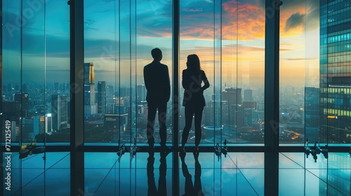 Back view silhouettes of two business partners looking thoughtfully out of a office window in situation of bankruptcy,team of businesspeople in fear or risk watching cityscape from skyscraper photo