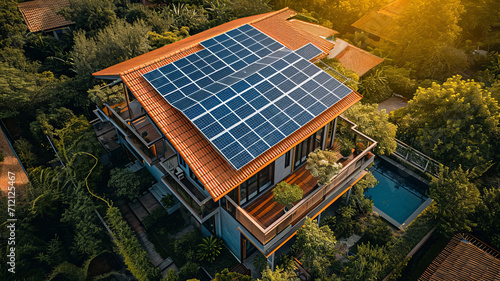 top view Solar panels on roof top of house with beautiful landscape,generative ai