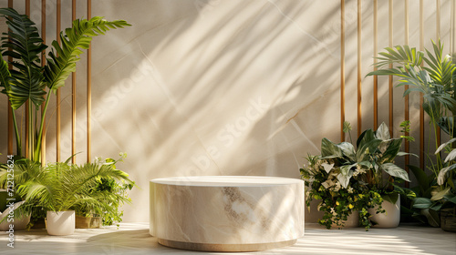 Luxurious stone marble pedestal basks in foliage gobo sunlight. Wooden rod backdrop adds depth and elegance. Ideal for premium product showcases