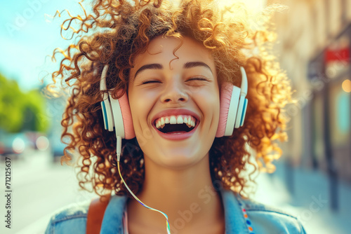 fashion portrait of young beautiful, fashionable, curly girl in headphones walks through the city. Joyful emotions on the face, smile, happiness. Beautiful smile with perfect white teeth.