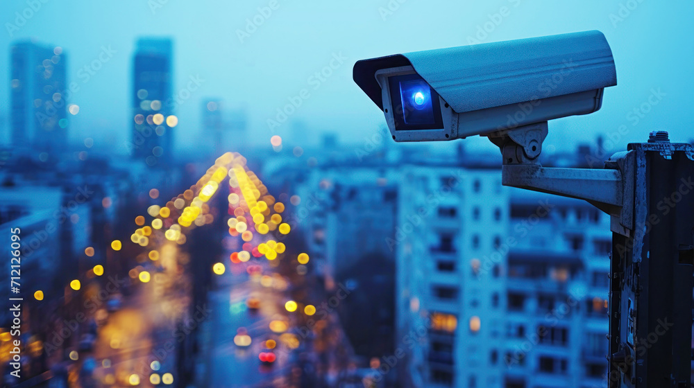 Surveillance camera with city in background. Surveillance camera with city in background.