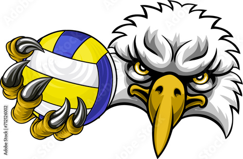 An eagle or hawk bird volleyball animal sports mascot holding a volley ball in his claw photo