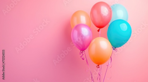 Bunch of bright balloons on pink background  space for text.
