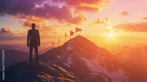 business  success  leadership  achievement and people concept - silhouette of businessman with flag on mountain top over sky and sun light background