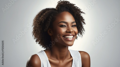 A young black african woman with a radiant smile showcasing healthy, flawless teeth, symbolizing dental wellness from Generative AI