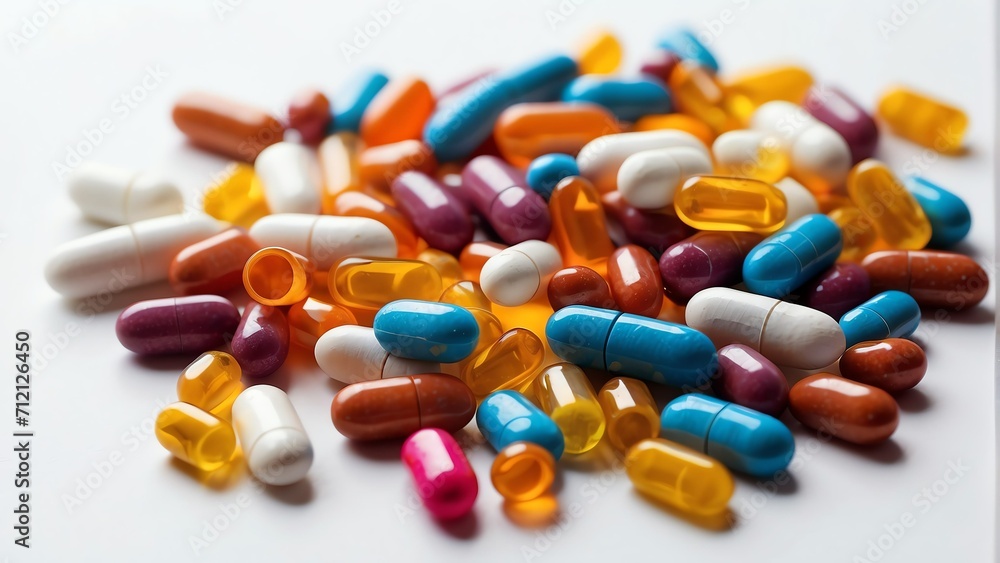Bunch of colorful pharmaceutical vitamin and pills on plain white background from Generative AI