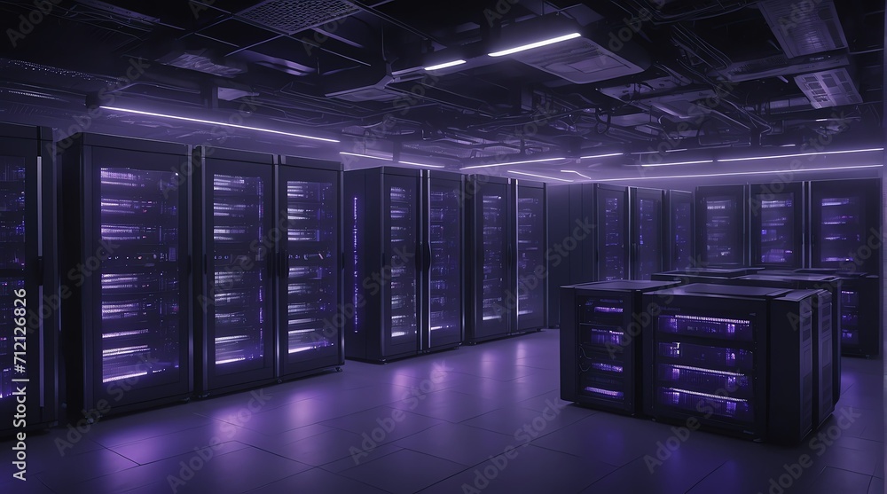 Top aerial view of big data center with rows of server racks in a purple light room, technology internet of things connect from Generative AI - obrazy, fototapety, plakaty 