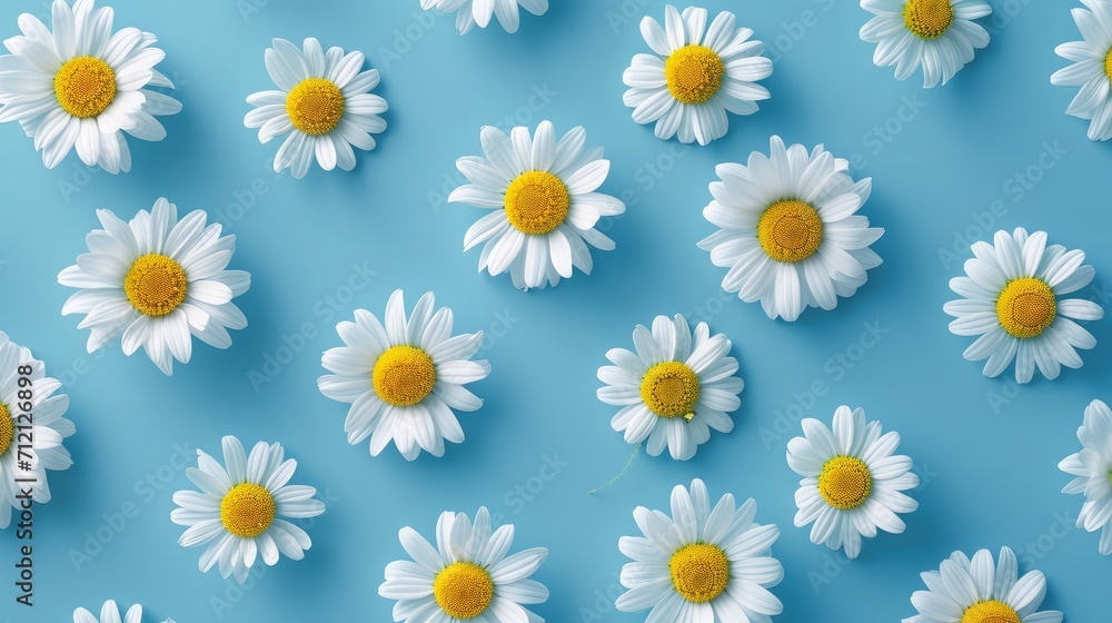 Daisy pattern. Flat lay spring and summer chamomile flowers on a blue background. Repetition concept. Top view Daisy pattern. Flat lay spring and summer chamomile flowers on a blue background. Repetition concept. Top view