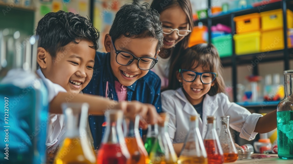 Diversity children doing a chemical experiment in laboratory at school ...
