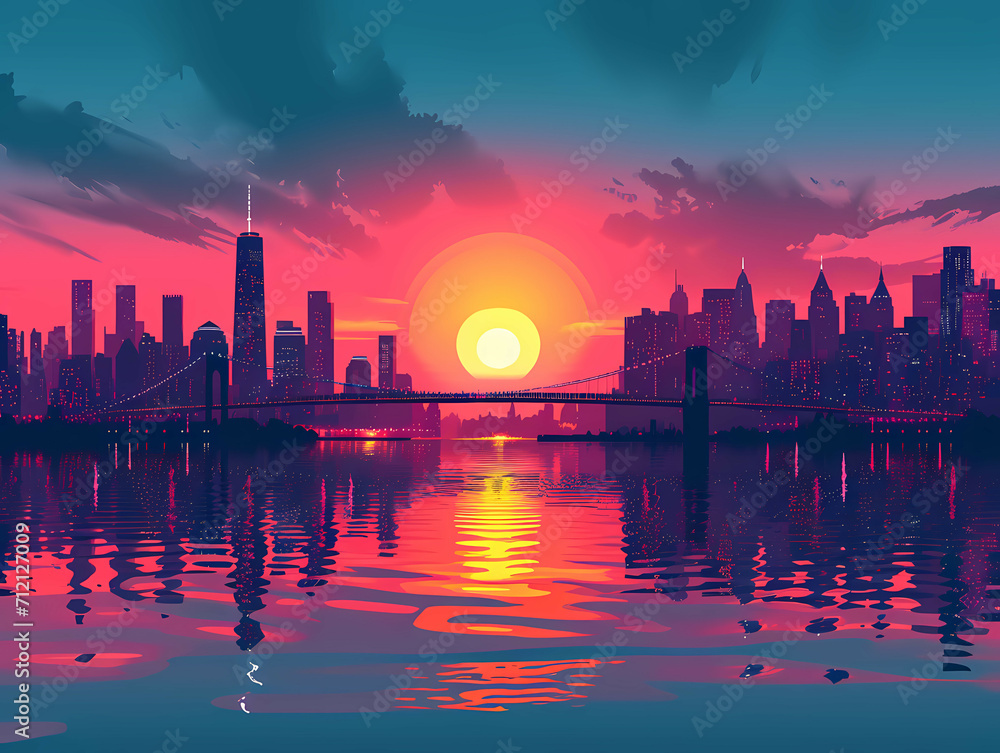 Lofi Pixel Art Of A Cityscape, A Sunset Over A City